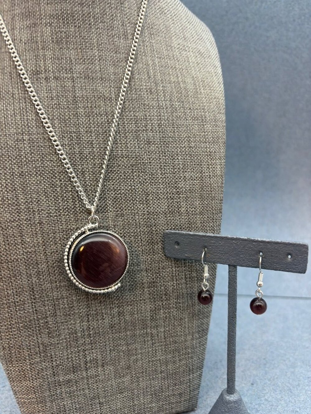 Necklace Earrings Set 16-Inch Silver Chain Dark Brown Beads Chic Elegant Simple